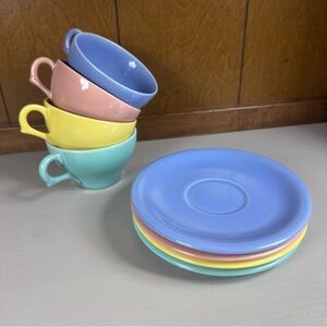 4 Vintage Laurel California Pottery Flat Cups & Saucers Mariposa Pastel MCM